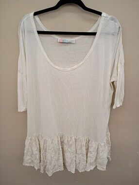Lightweight Cream Scoop-Neck Ruffle-Hem Tunic Top